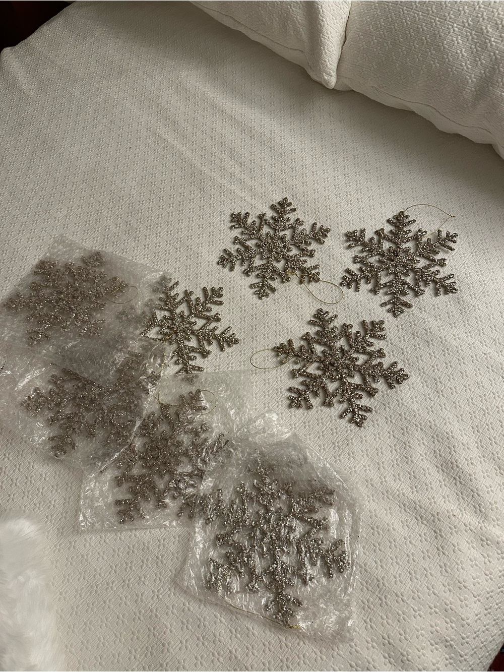 Glitter Snowflake Hanging Ornaments - Gold set of 8